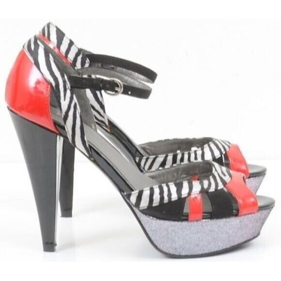 G by Guess Red Patent Black Zebra Platform Peek A Boo Shoes Women's Size 8 - Picture 1 of 6